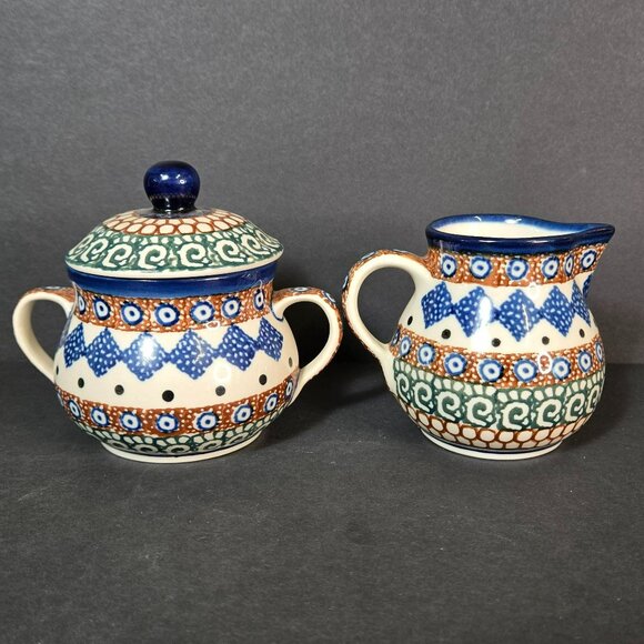 Polish Pottery UNIKAT Creamer Pitcher & Sugar Bowl Set w Lid Handmade Geometric - Picture 3 of 11